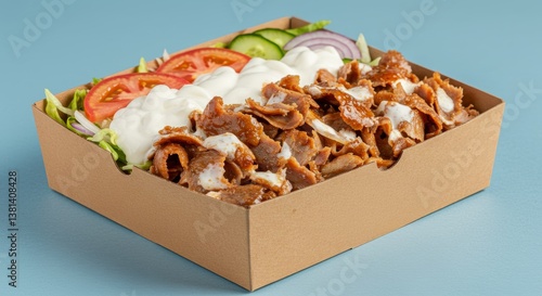 Fresh Doner Kebab Salad Box with Garlic Sauce and Vegetables on Blue Background