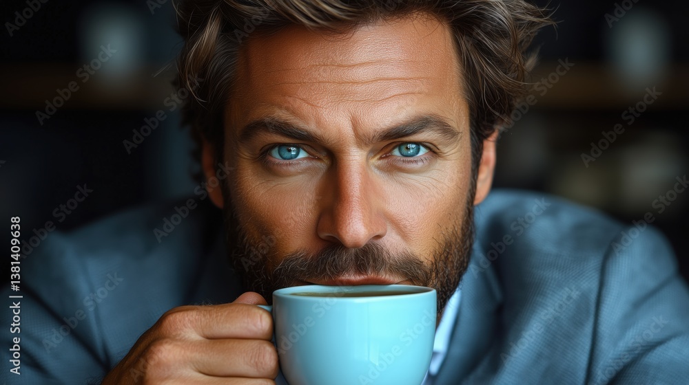 Handsome man enjoys coffee in cozy cafe during morning hours with stylish attire and captivating blue eyes Handsome man enjoys coffee in cozy cafe during morning hours with stylish attire and captivating blue eyes