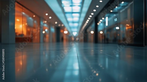 Wide Hallway in a Modern Shopping Mall With Reflective Floor and Bright Overh...