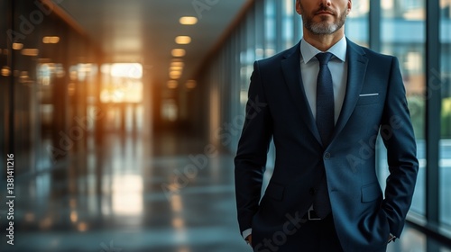 Business Professional in Suit Standing in Modern Office Corridor During Late ...