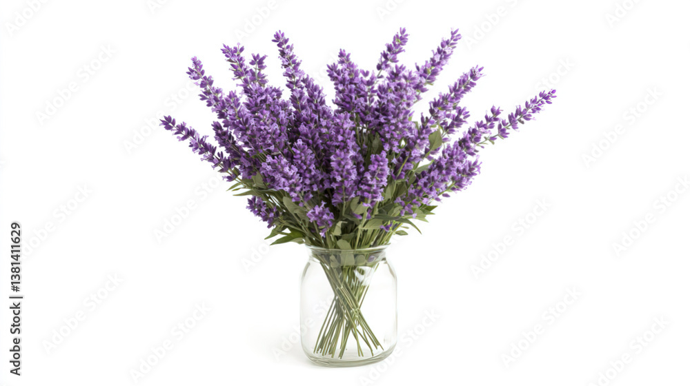 Naklejka premium A vibrant bouquet of lavender flowers in a simple glass vase, set against a stark white background