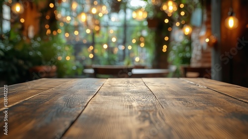 Cozy Wooden Table in a Beautifully Lit Cafe With Hanging Lights and Greenery