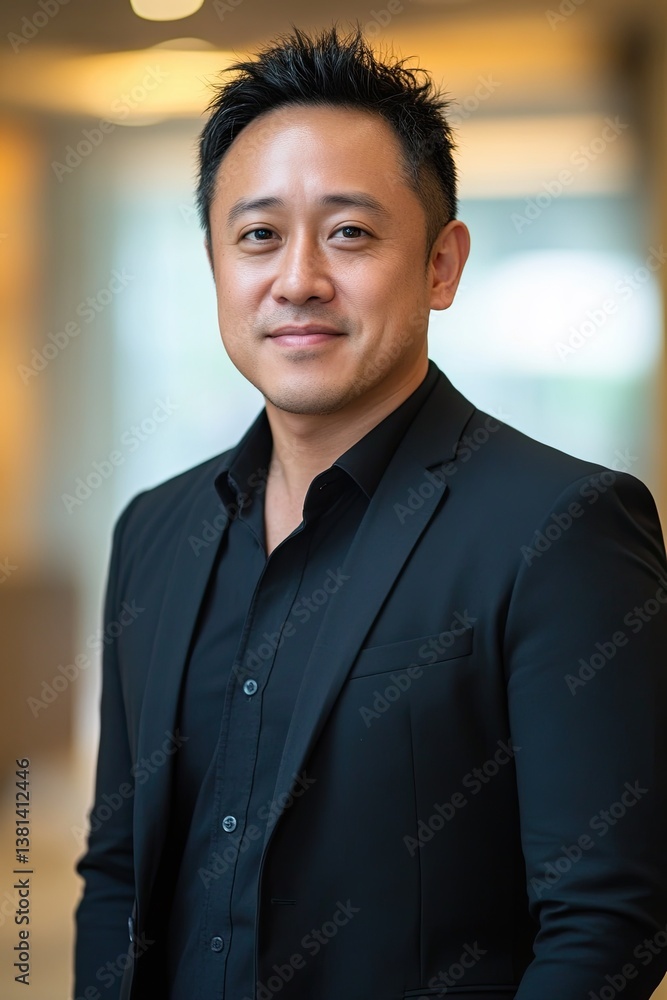 Confident businessman in black suit smiling in modern office hallway with soft light and blurred background Confident businessman in black suit smiling in modern office hallway with soft light and blurred background