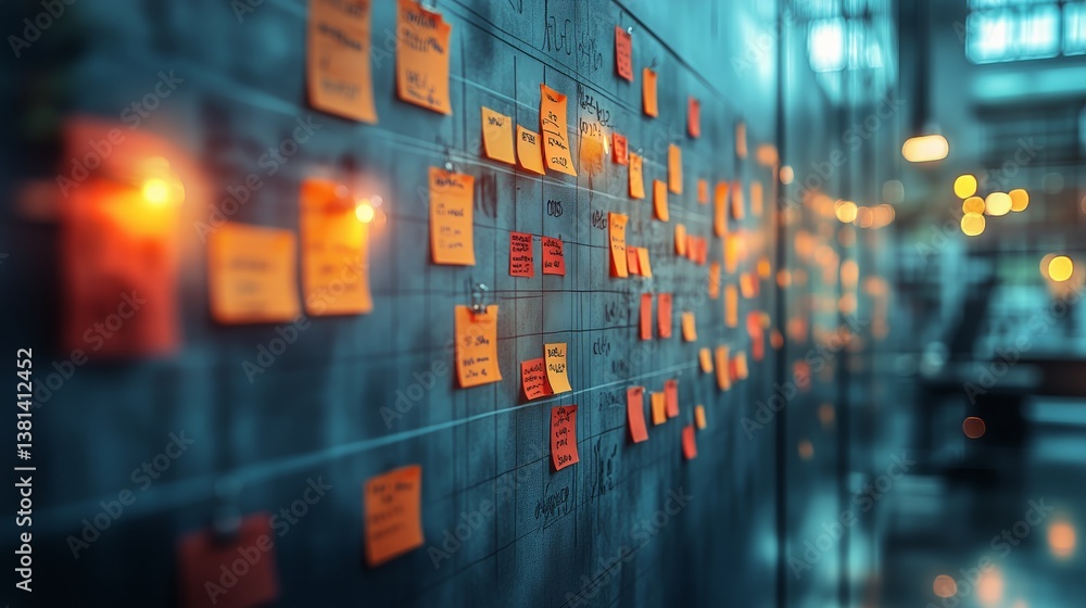 Fototapeta premium Sticky Notes Organized on a Board in a Creative Workspace During Afternoon Hours