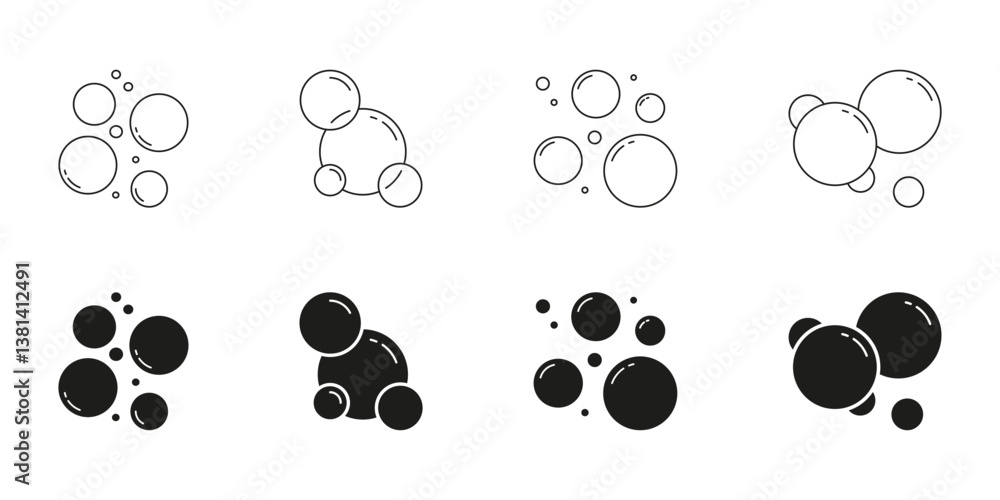 Fototapeta premium Bubble Cluster And Soap Foam Line And Solid Icon Set. Floating Air Bubbles And Water Droplets Symbol Collection. Isolated Vector Illustration