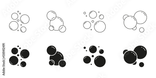 Bubble Cluster And Soap Foam Line And Solid Icon Set. Floating Air Bubbles And Water Droplets Symbol Collection. Isolated Vector Illustration