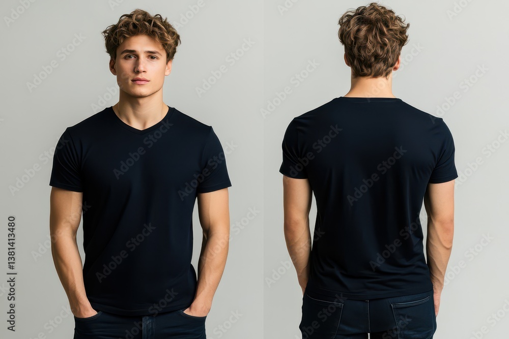 Front and back view of young man wearing blank black tshirt Mock up Male model wearing a dark navy blue VNeck tshirt on White background front view and back view .