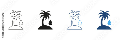 Palm Tree with Oil Drop Line and Silhouette Icon Set. Palm Oil Production and Environmental Issues in Agriculture and Industry. Editable Stroke. Isolated Vector Illustration