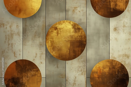 Decorative Geometric Pattern With Gold Circles on Textured Background in Mode...