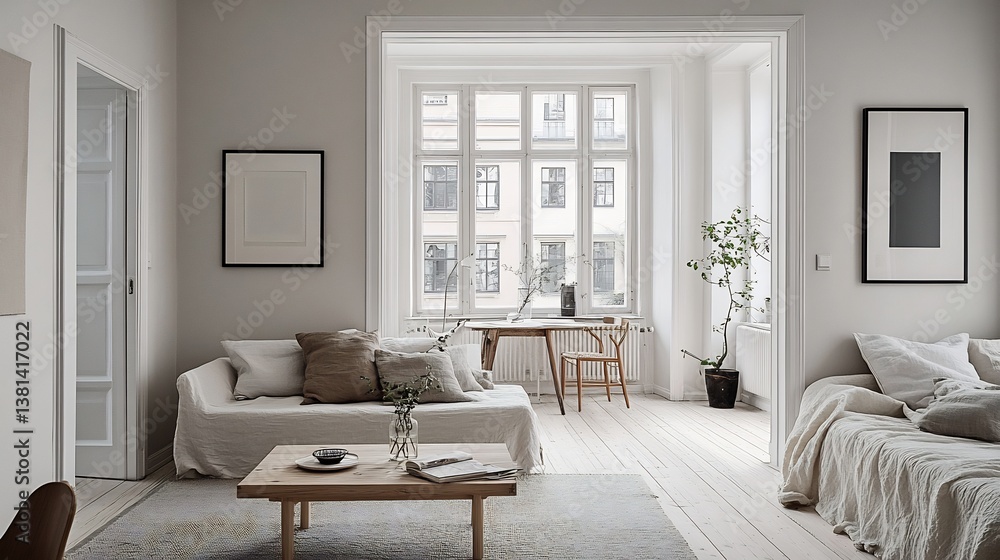 Serene Scandinavian minimalist interior featuring clean lines a muted color palette natural wood textures cozy textiles and functional yet stylish furniture radiating simplicity and elegance Serene Scandinavian minimalist interior featuring clean lines a muted color palette natural wood textures cozy textiles and functional yet stylish furniture radiating simplicity and elegance