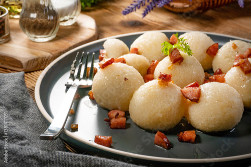 Meat stuffed potato dumplings.