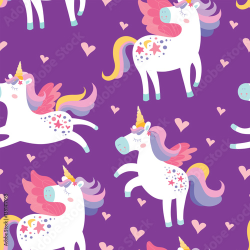 Childrens magic unicorn pattern. Cute seamless ornament hand drawn with unicorns and hearts. Vector texture for kids bedding, fabric, wallpaper, wrapping paper, textile, t-shirt.