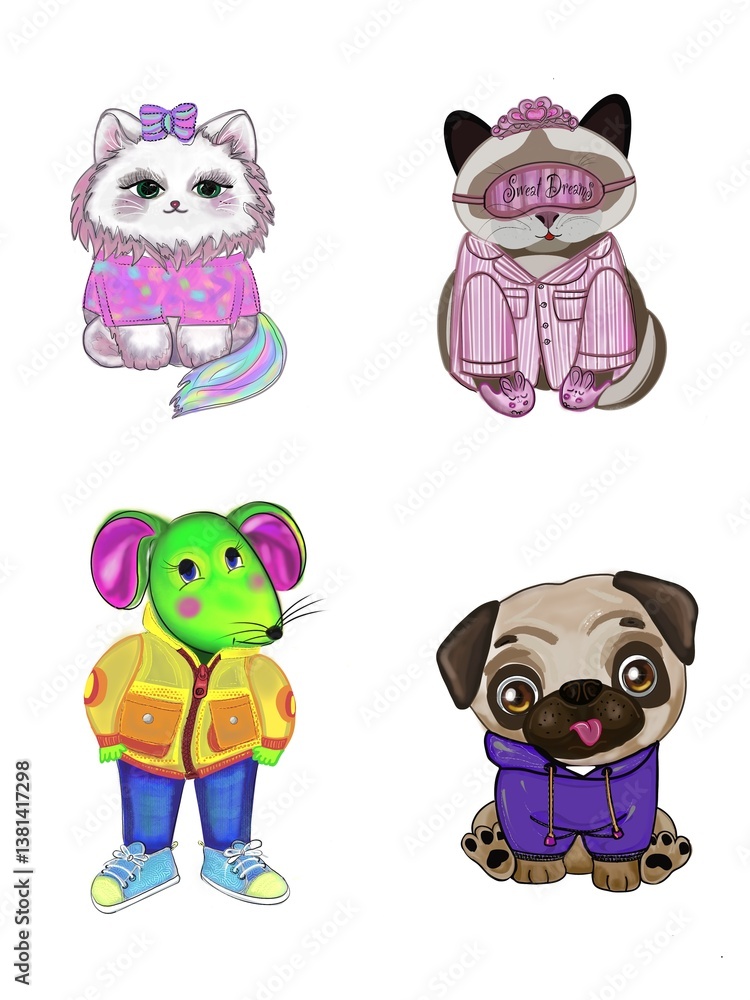Fototapeta premium set of cartoon animals dog, mouse and cats 
