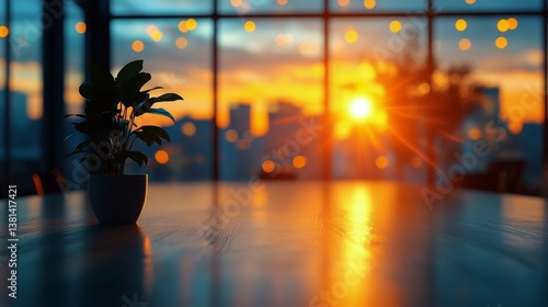 Sunset View From a Cozy Indoor Space With a Plant on the Table and City Skyli...