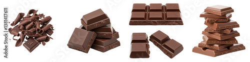 Decadent chocolate in various forms curls, chunks, bars, and stacked squares.