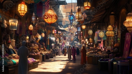 Crescent-shaped lanterns lining the aisles of an open bazaar