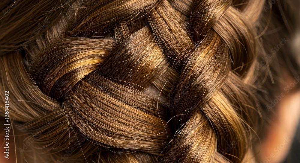 Naklejka premium Close Up Classic French Braid Hairstyle - Elegant, intricate, textured, brown, golden highlights. Symbolizing beauty, craftsmanship, , femininity, and sophistication