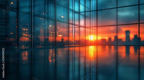 City Skyline Reflections During Sunset Showcasing Urban Lights and Architecture