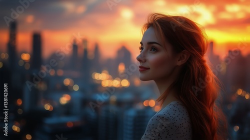 Woman Gazes Thoughtfully at Sunset Over City Skyline With Warm Colors and Sof...