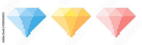 Pixel art of diamond vector set. Pixelated blue, yellow and red diamond.