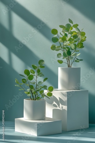 Green Plant on Minimalist White Blocks in Serene Light Setting