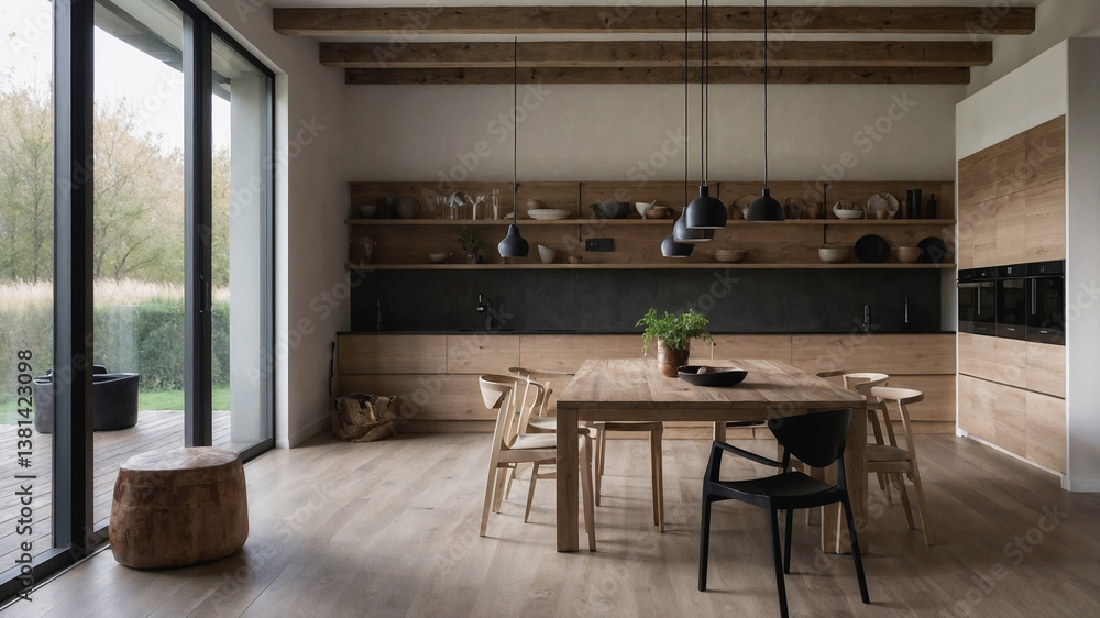 Fototapeta premium Modern open plan kitchen and dining area featuring wooden furniture, exposed beams, and minimalist design, creating a warm and inviting atmosphere