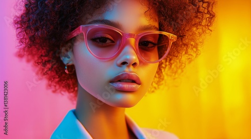 Colorful Portrait of a Model Wearing Stylish Sunglasses in Vibrant Lighting