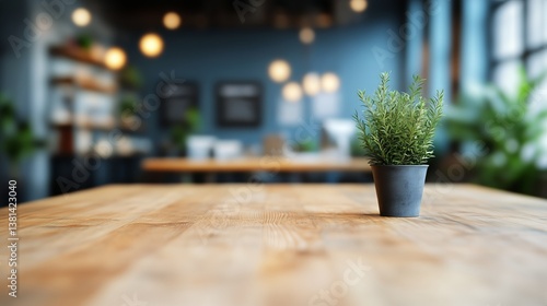 Small Potted Plant on Wooden Table in Modern Indoor Setting With Soft Lighting