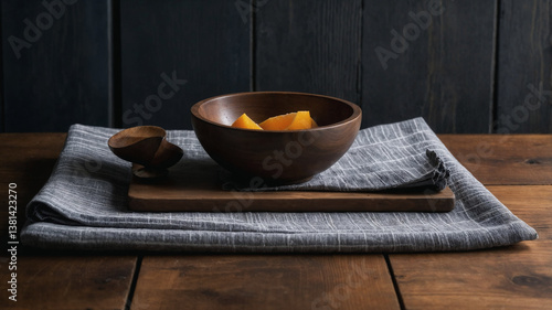 Wooden bowl with sliced persimmon fruit on wooden board and linen napkin on dark wooden table with dark wooden background