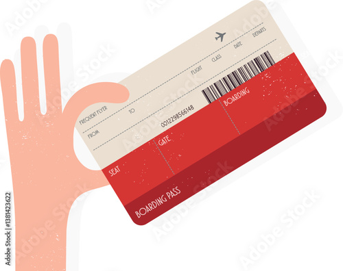 Flat vector illustration of a hand holding a boarding pass. The ticket features a red and beige color scheme with barcode details, making it ideal for travel-related designs
