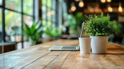 Modern Workspace With a Laptop, Coffee Cup, and Greenery in a Stylish Cafe