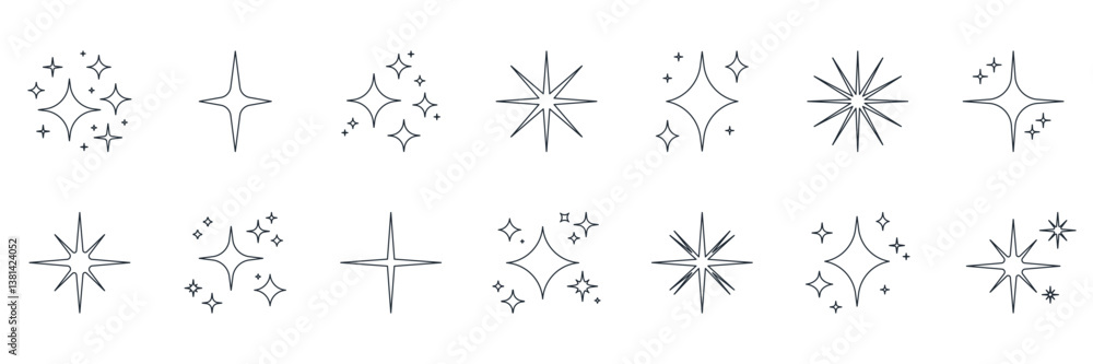 Fototapeta premium Star And Sparkle Decorative Line Icon Set. Ornamental Starburst And Twinkle Outline Symbol Collection. Editable Stroke. Isolated Vector Illustration