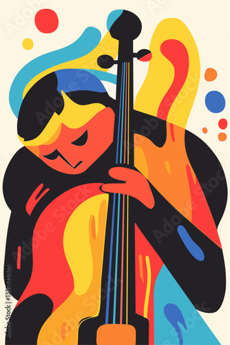 A vibrant abstract illustration of a double bass player immersed in music, depicted in a modern and dynamic geometric style.