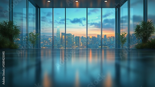 Modern Office Interior With a Stunning City Skyline View at Sunset