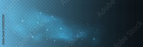 Fantastic blue smoke background. Blue fog with stars and small glowing particles. Vector
