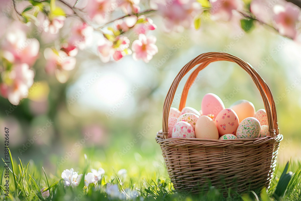Wicker Easter basket filled with colored eggs placed in blooming spring garden with soft sunlight vibrant flowers, Generative AI Wicker Easter basket filled with colored eggs placed in blooming spring garden with soft sunlight vibrant flowers, Generative AI
