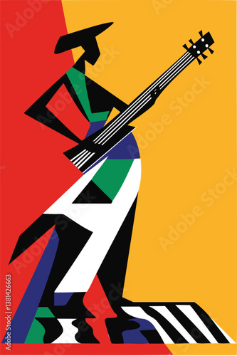 A vibrant and abstract digital illustration of a jazz guitarist, depicted in bold geometric shapes and a striking color palette.