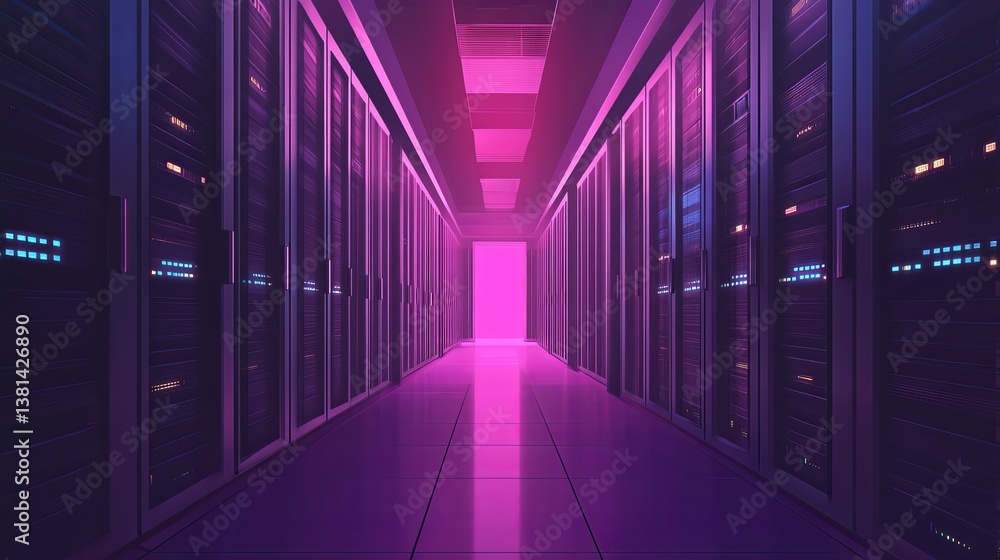 Fototapeta premium Illuminated server room with rows of data storage racks and a glowing pink light at the end