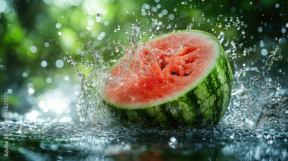 Refreshing watermelon slice with water splashes Refreshing watermelon slice with water splashes