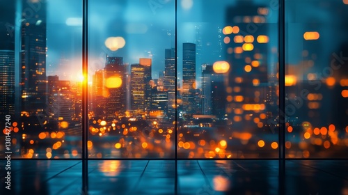 City Skyline Illuminated at Twilight With Orange and Blue Hues Reflecting off...