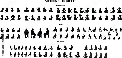 A set of vector silhouettes featuring men, women, and children sitting in various postures.