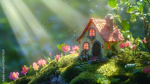 Tiny fairy house nestled in a lush garden, bathed in sunlight