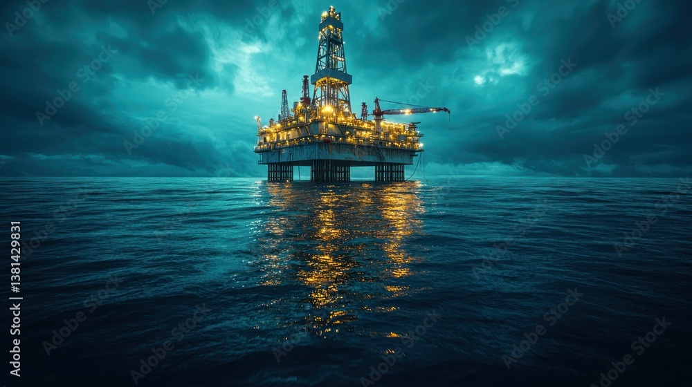 Obraz premium Offshore Oil Rig at Night: A Dramatic Seascape