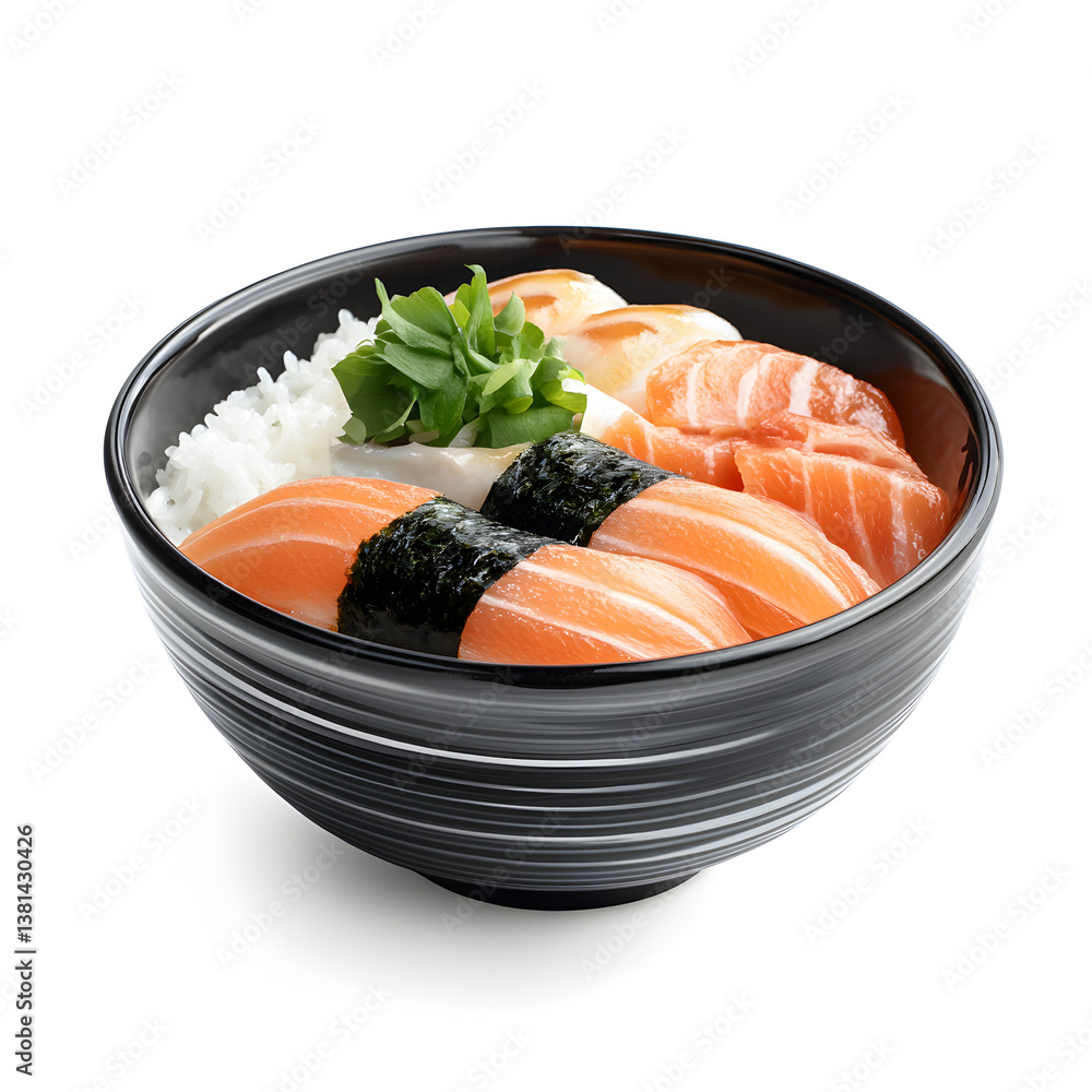 A bowl of assorted sushi with avocado and shrimp A bowl of assorted sushi with avocado and shrimp