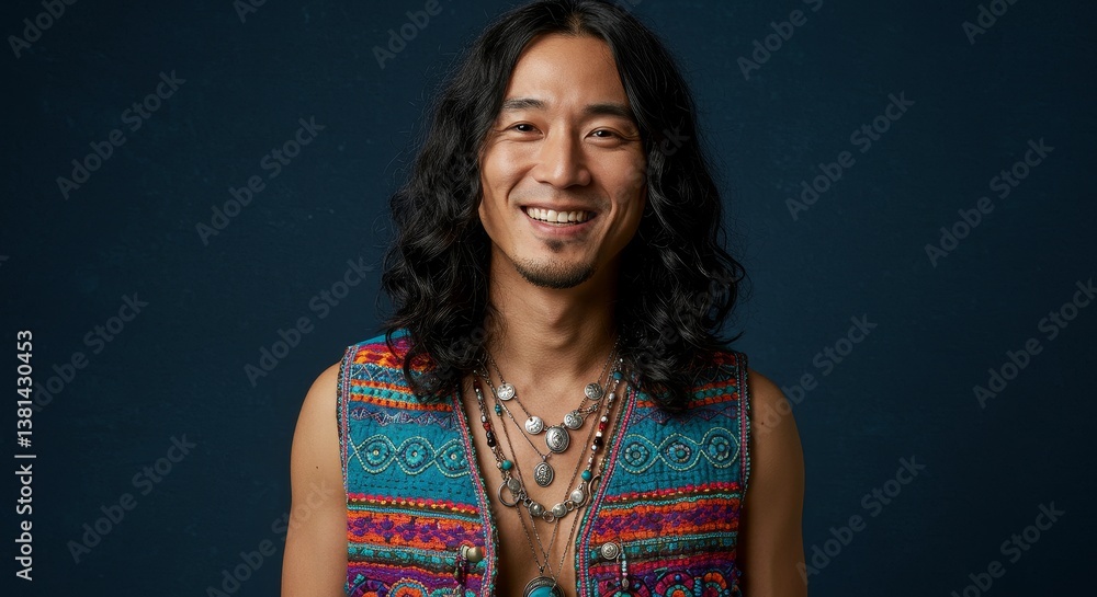 Fototapeta premium Happy Man with Long Hair and Colorful Vest - A joyful Asian man with long hair models a colorful vest and multiple necklaces. The symbolizes happiness, freedom, , individuality