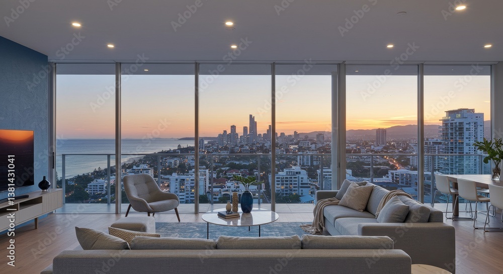 Fototapeta premium Luxury Apartment Sunset City View - Stunning sunset view from a modern apartment living room, featuring comfortable furniture and floor-to-ceiling windows