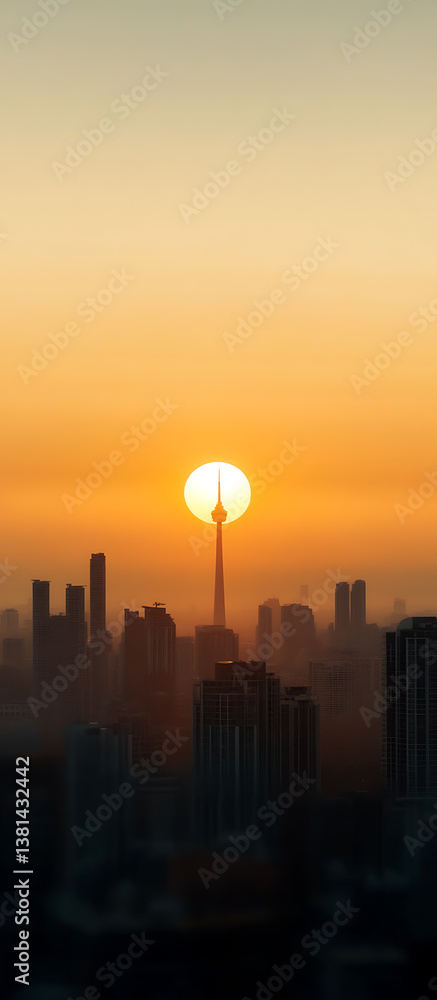Fototapeta premium Urban Sunset: A cityscape silhouette at dawn with a tower piercing the setting sun, creating a striking skyline. Golden hour glow over city buildings.