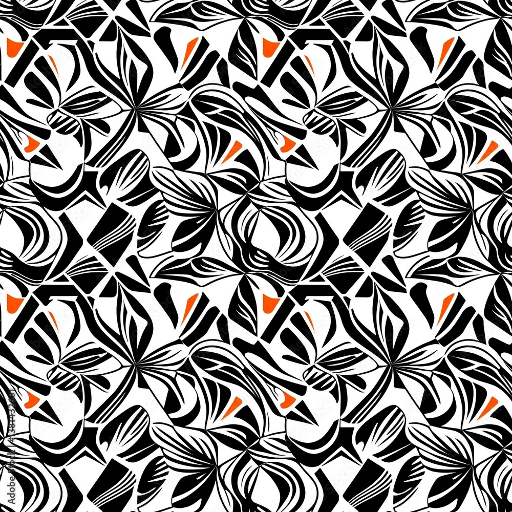 A black and white pattern with orange accents. A black and white pattern with orange accents.