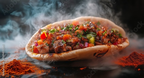 Delicious Burrito Filled With Grilled Meat and Fresh Vegetables With Smoky St...