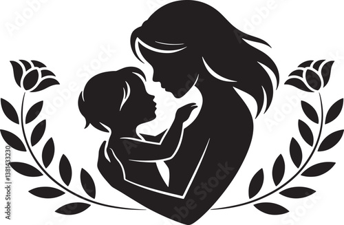 Mother Holding Baby Silhouette With Floral Elements
